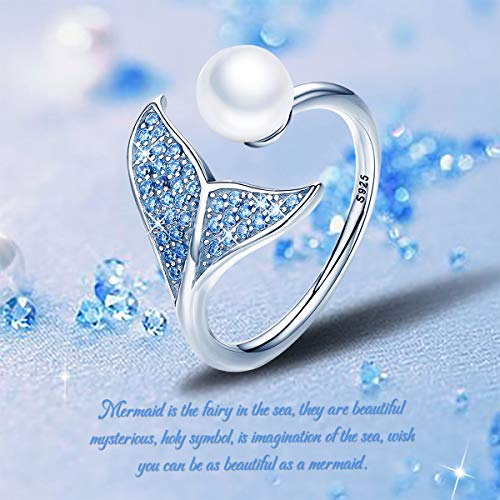 Forever Queen Mermaid Tail Ring, S925 Sterling Silver Dolphin Tail Adjustable Finger Ring For Women Girls Open Ring With Blue Cubic Zirconia& Shell Pearl Valentine's Day Gift #TOP5