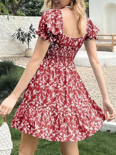 Image of Imily Bela Womens Summer Dress Ruffle Sleeve Sqaure Neck Smocked Sun Dress Casual Boho Beach Floral Mini Dress