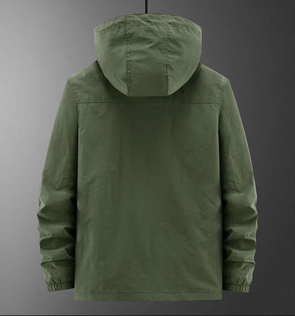 Vsadsau Men Loose Multi-Pocket Work Jacket Outdoor Camping Detachable Hat Cargo Zip Up Outerwear