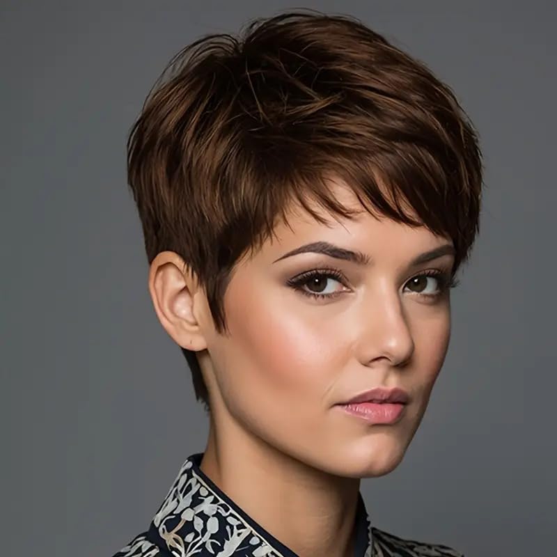pixie cut wig human hair for black women short brown pixie cut wigs human hair glueless pixie wig short layered brazilian virgin human hair for daily use brown 6 inch