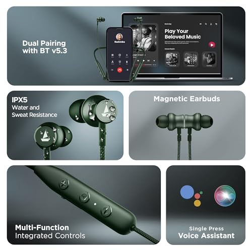 Image of Boat Rockerz 110 /Rockerz 109 Wireless in Ear Neckband with Up to 60 Hrs Playtime,Dual Device Pairing,Enx Tech,Beast Mode,ASAP Charging,Btv5.3,IPX5,Type-C Interface & Magnetic Power Buds(Fern Green)