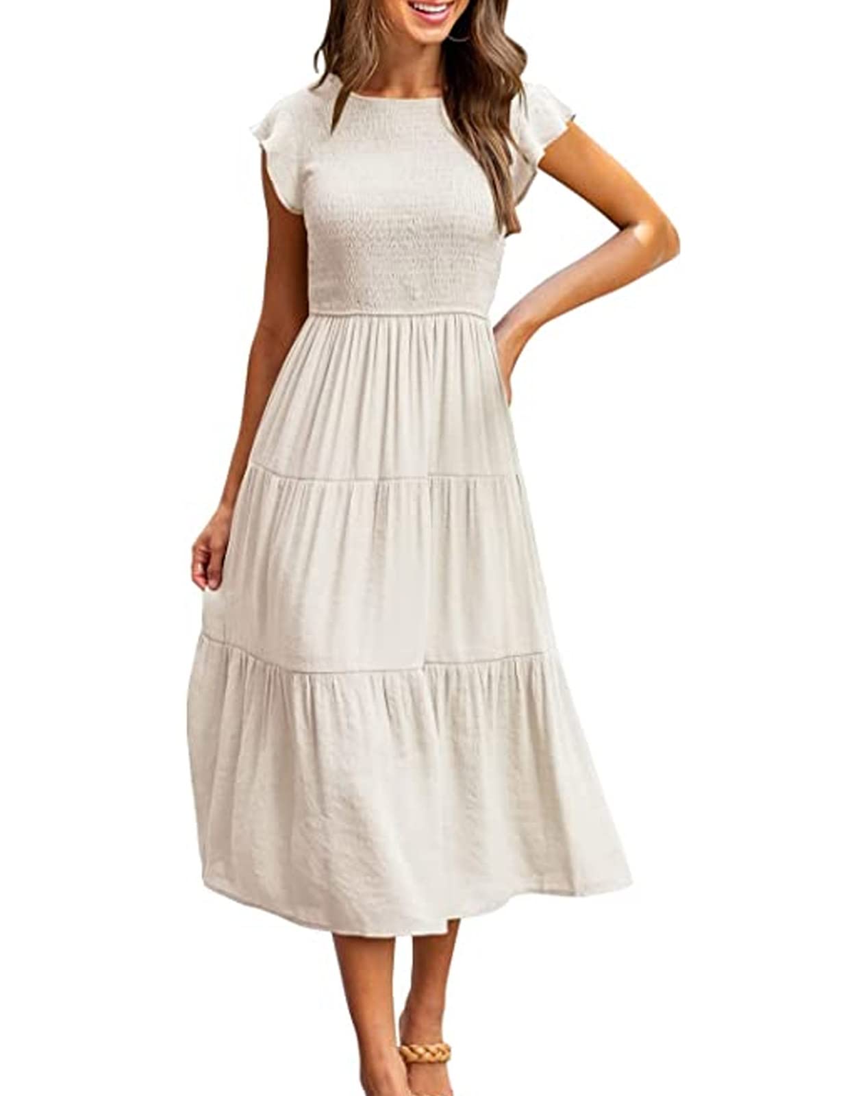 Yuson Girl Vestito Estivo Lungo Donna - Abito Estivo Lungo Collo Rotondo Ragazza con Manica a Volant Vestiti Casuale Eleganti Colori Solidi Abiti Estivi Donna Lunghi
