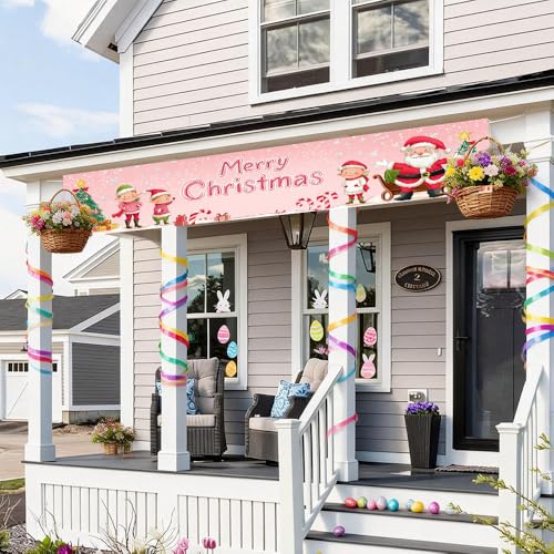 Image of Pink Merry Christmas Banner 78.7 x 17.7 Inch Santa and Elf with Christmas Tree Candy and Gift Box Design Festive Holiday Decoration for Home Yard Garden Wall or Indoor Celebration Display