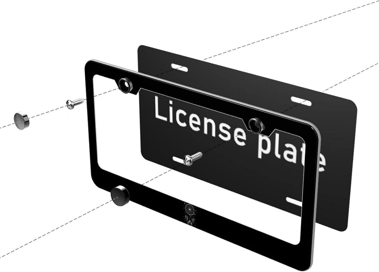 White Dreamcatcher Matte Aluminum License Plate Frame with Black Screw Caps，2pcs 2 Holes Black Licenses Plates Frames,Car Licenses Plate Covers Holders for Us Vehicles/Women/Men