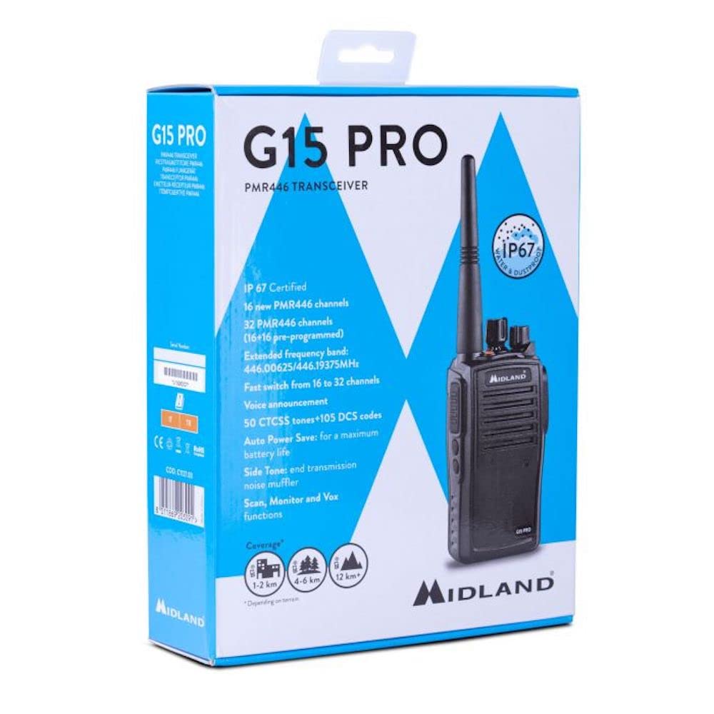 Midland - Walkie Talkie G15 PRO, Ricetrasmittenti Professionali Waterproof IP67, 32 Canali PMR446 Senza Licenza, Copertura 12Km, Autonomia 22H - Batterie Ricaricabili, Caricatore da Tavolo e Accessori
