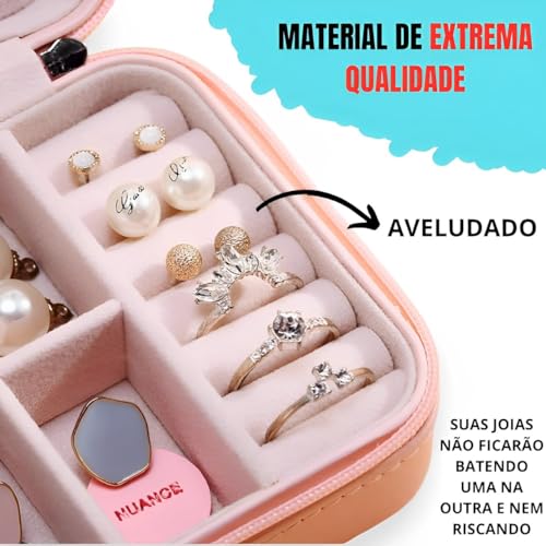 Porta joias Resistente Para Viagem Brincos Colares Aneis Rosa | Para Mulheres | Mini Maleta Estojo O