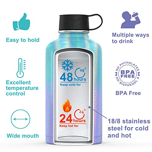 Koeka Stainless Steel Insulated Water Bottle, 32Oz Water Thermos Mug With 3 Leak Proof Lids (Straw Lid), Double Walled Wide Mouth Water Bottle Flask For Hiking, Sports, Outdoor (Rainbow ) #TOP1