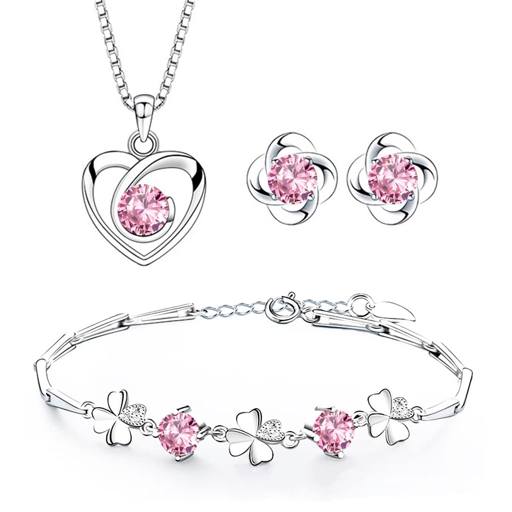 Schmuck Set Damen Silber 925, Set mit Weiß Rosa Blau Lila Zirkonia | Herz Halskette & Klee Armband & Klee Ohrstecker, 45cm Liebe Halskette Ohrringe Ohrstecker Armkette, Hypoallergen für Frauen