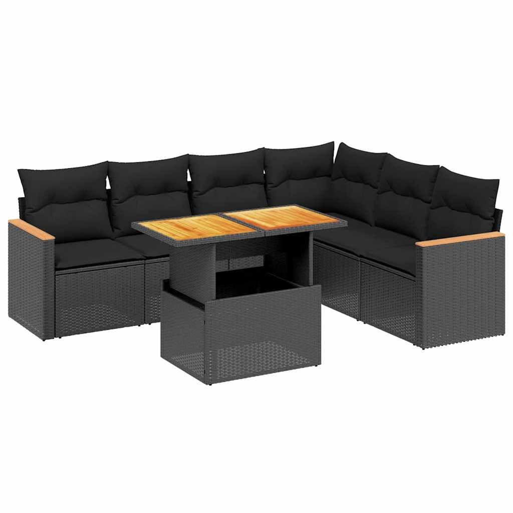 Juego de sofás de jardín de ratán sintético de 7 piezas, conjunto modular con mesa de altura ajustable, sofá esquinero y sillón, incluye cojines para jardín y terraza, color negro