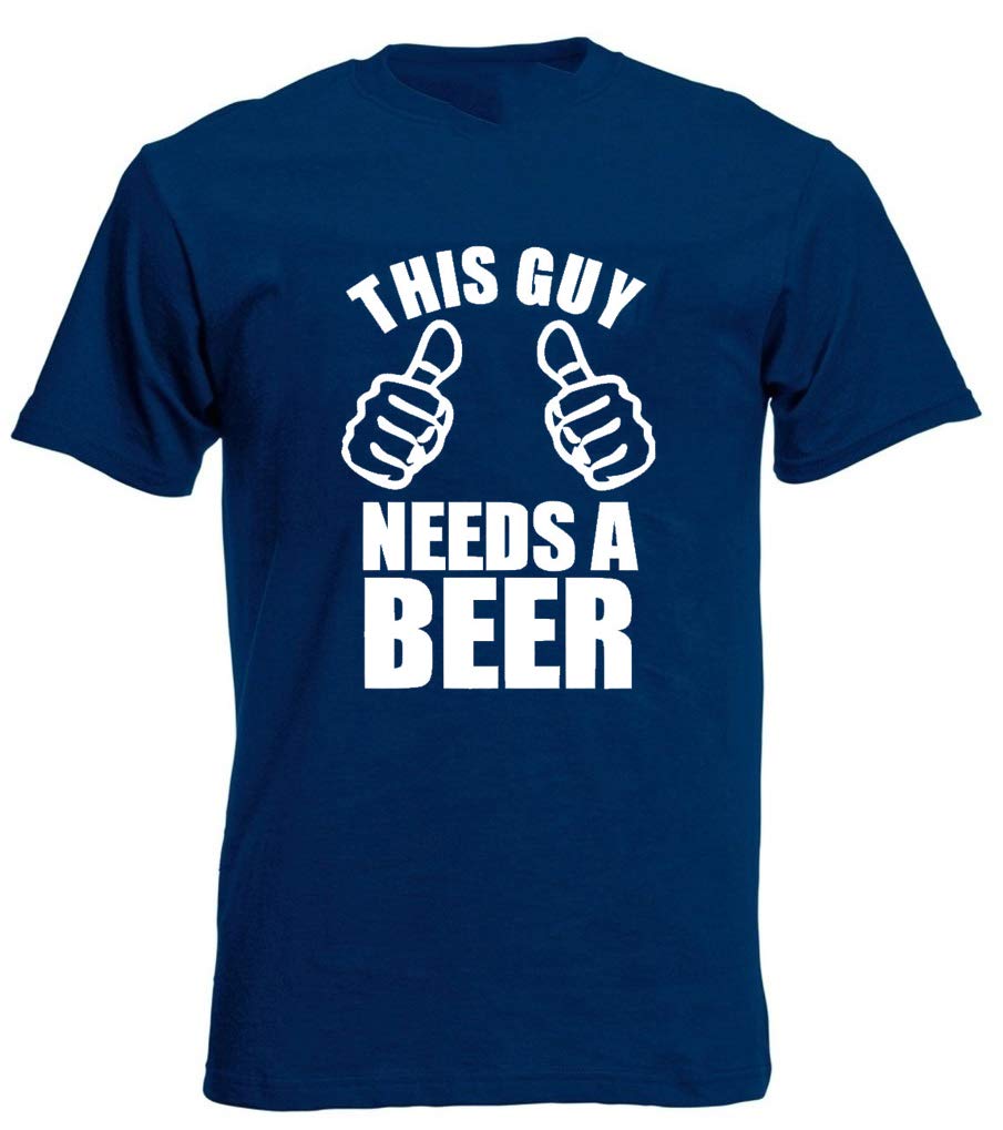 Loltops Men's Navy This Guy Needs A Beer Funny Birthday T-Shirt (Large, )
