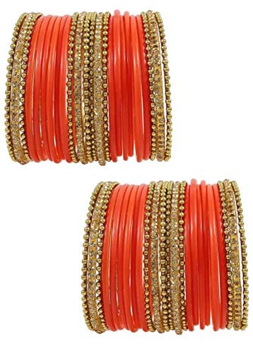 Image of NMII Glass With Zircon Gemstone Studded Worked and Ball Chain Or Plane Gloosy Finished Bangles Set For Women and Girls