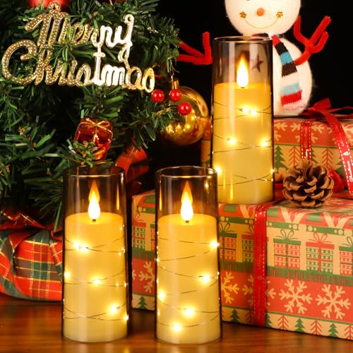 Image of Flameless Candles with Remote Timer, Embedded String Lights, Battery Operated LED Pillar Candles, Unbreakable Plexiglass, Set of 3, Black, 2.3 inch x 6 inch