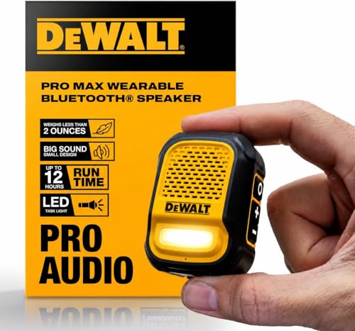 Image of DEWALT Heavy Duty Wearable Bluetooth Speaker Pro Max (New Model) Jobsite Clip-On Mini Speaker w /LED Work Light, IP56 Water Resistant, 12H Runtime, Built-in Mic & Multi-Speaker Link