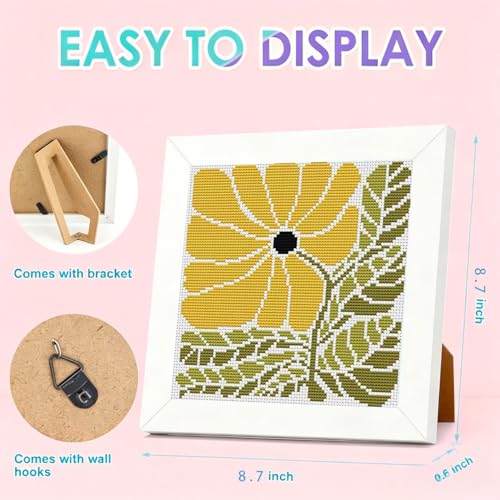 Image of Flower Stamped Cross Stitch Kits for Adults Beginners with Wooden Frame