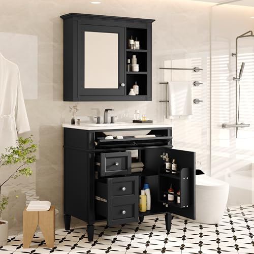Image of Merax 30 Inch Bathroom Vanity with Sink Set, Modern Bathroom Vanity Storage Cabinet with Matching Mirror Medicine Cabinet, Solid Wood Frame,Painted Finish, 2 Drawers and 1 Tip-Out Drawer, Black