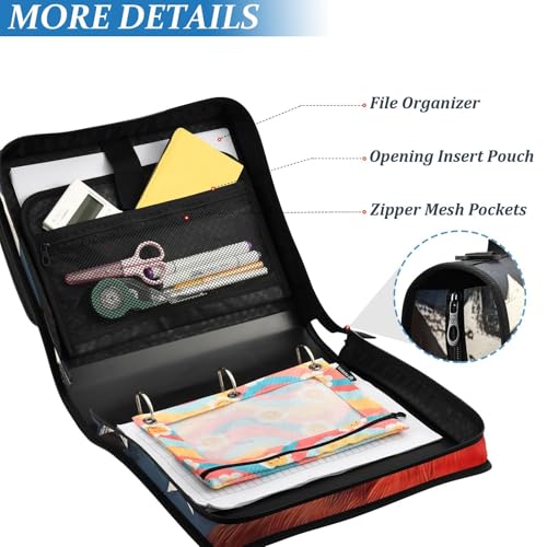 Image of Cardinalbird American Flag Daisy Zipper Binder Bag 3 Ring Binder with Shoulder Strap Zip Up 500 Sheets Capacity Multi Pockets for School Office Supplies
