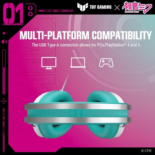 Image of ASUS TUF Gaming H1 Gen II Hatsune Miku Edition Wired USB Gaming Headset with Mic - 40mm Drivers, Virtual 7.1 Surround Sound, TeamSpeak-Certified Mic, Removeable Ear Cushions, for PC, PS5 - Aqua