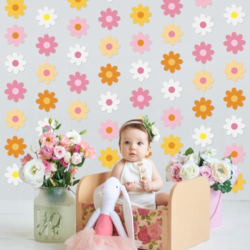 Image of Pasimy 8 Pcs Daisy Boho Party Decorations Groovy Daisy Paper Garlands White Flower Hanging Garland Banner Hippie Flower Cutouts for Birthday Shower Wedding Party Favor Supplies(Groovy,Multicolor)
