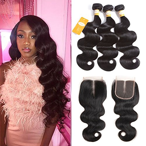 Ossilee Body Wave Bundles with Closure Brazilian Human Hair Bundles with Lace Closure 4X4 Middle Part Closure with Body Wave Virgin Hair Bundles (18 20 22+16, Middle Part)