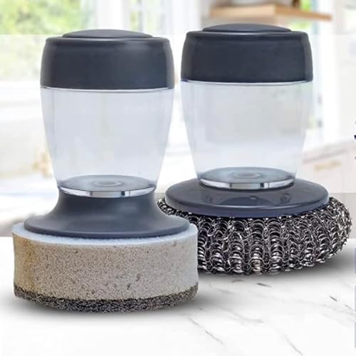 Dish Scrubber With Soap Dispenser - Set Of 2-1 Palm Sponge With Soap Dispenser Handle And 1 Palm Stainless Steel Scrubber With Handle - Dish Washing Scrubbers For Easier Cleaning #TOP6