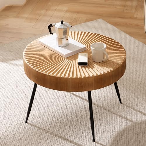 Cagnolier Table basse ronde, table de salon ronde en bois avec design linéaire, table d'appoint avec pieds en métal noir, table de canapé pour salon, table...