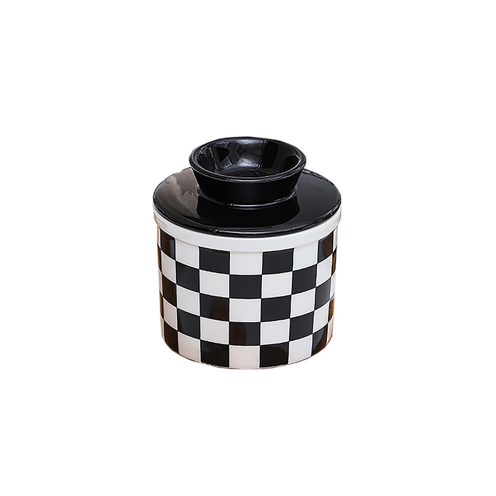 NOENELULOCI Butter Crock for Counter with Water Line for Fresh Spreadable Butter - French Butter Keeper with Lid?Black & White Gobang-Inspired Checkerboard Design