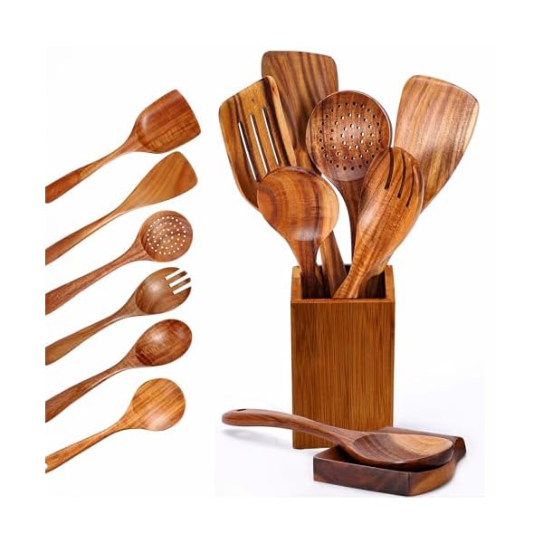 8 Piece Wooden Spoons for Cooking, Kitchen Cooking Utensil Set with Spoon Rest & Holder for Nonstick Pans and Cookware | Comfort Grip, Lightweight, Durable, Non Toxic