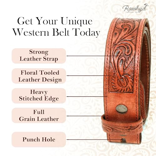 RAW HYD Men's Western Belt & Wallet Set – Full-Grain Tooled Leather Belt (Buckle/Buckle-Free) & Vintage Skull Trifold Wallet w/Steel Chain, Snap Closure, Card Slots, ID Slot & Zipper Pocket2