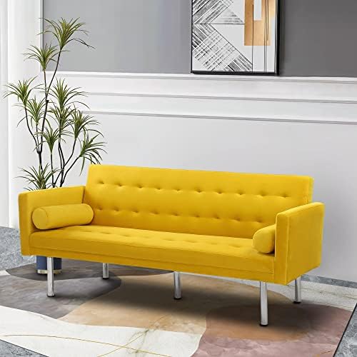 LCH Bed, 68.5" Modern Velvet Convertible Folding Lounge Couch,Upholstered Twin Size Sleeper Sofa with Arm 2 Pillows Split Back Design and Silver Metal Legs for Compact Space,Yellow
