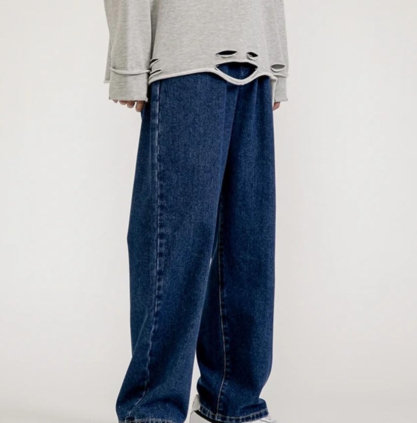 Men’S Wide Leg Korean Style Denim Jeans with Zipper Fly Mid Waist Loose Fit Solid Color Pants4