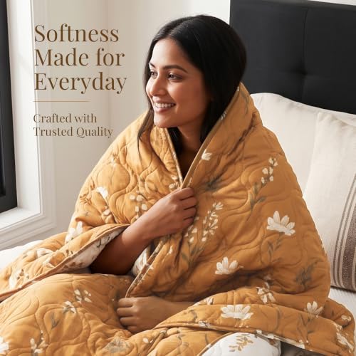 Image of HUESLAND Reversible AC Quilt Blanket Single Bed | 100% Cotton Quilted Shell, Super Soft 120 GSM Microfibre Wadding | Lightweight Comforter for All Weather Use | 55 x 88 inches, Floral