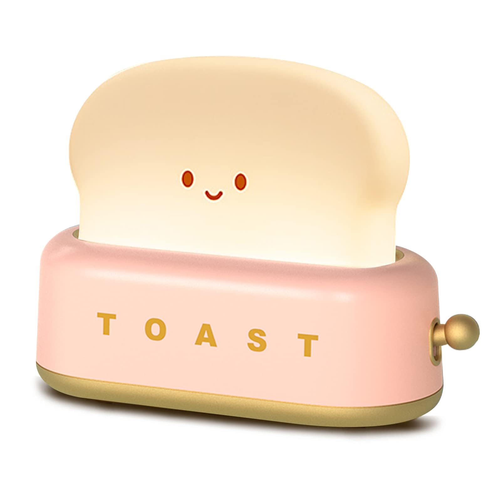 AIGOUT Cute Desk Decor Toaster Lamp, Kawaii LED Toast Bread Night Light Rechargeable and Portable Light with Timer, Christmas Gifts Ideas for Baby Kids Girls Teens Teenages, Pink, 5.28x2.13x3.86