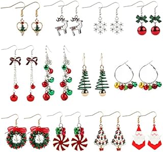 12 Pairs Christmas Dangle Earrings, Kalolary Christmas Tree Santa Claus Bow Jingle Reindeer Snowflake Plated Alloy Xmas Earrings Christmas Themed Pierced Hook Drop Earrings for Women Girls