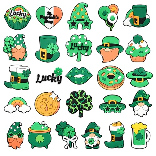 26PCS Green St.Patricks Shoe Decoration Charms, Lucky Clover Gnome Coins Shoe Charms for Clog Sandals Wristband Bracelet, PVC CLOG Charms Accessories, Party Favor Festival Gift for Boys Girls Adults