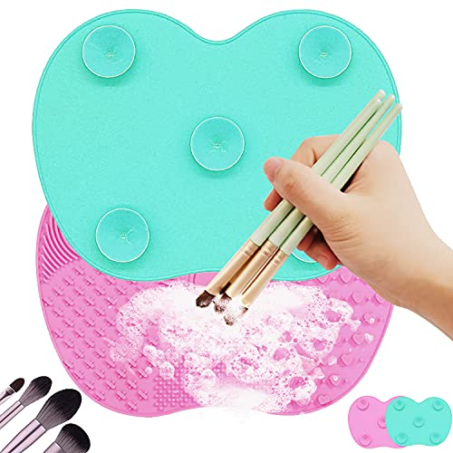 2 Makeup Brush Cleaning Mats,Silicone Makeup Brush Cleaner With Suction Cup,Portable Washing Tool Scrubber Pad For Brushes,Makeup Brush Cleaning Pad, (Mint Green & Pink)
