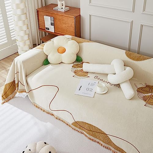 ANAZOZ Funda Sofás de Una Plaza,Fundas Sofa Manta Caqui Blanco Funda de Sofá Chenilla Estampado de Hojas Funda Protectora de Sofá 180x130CM