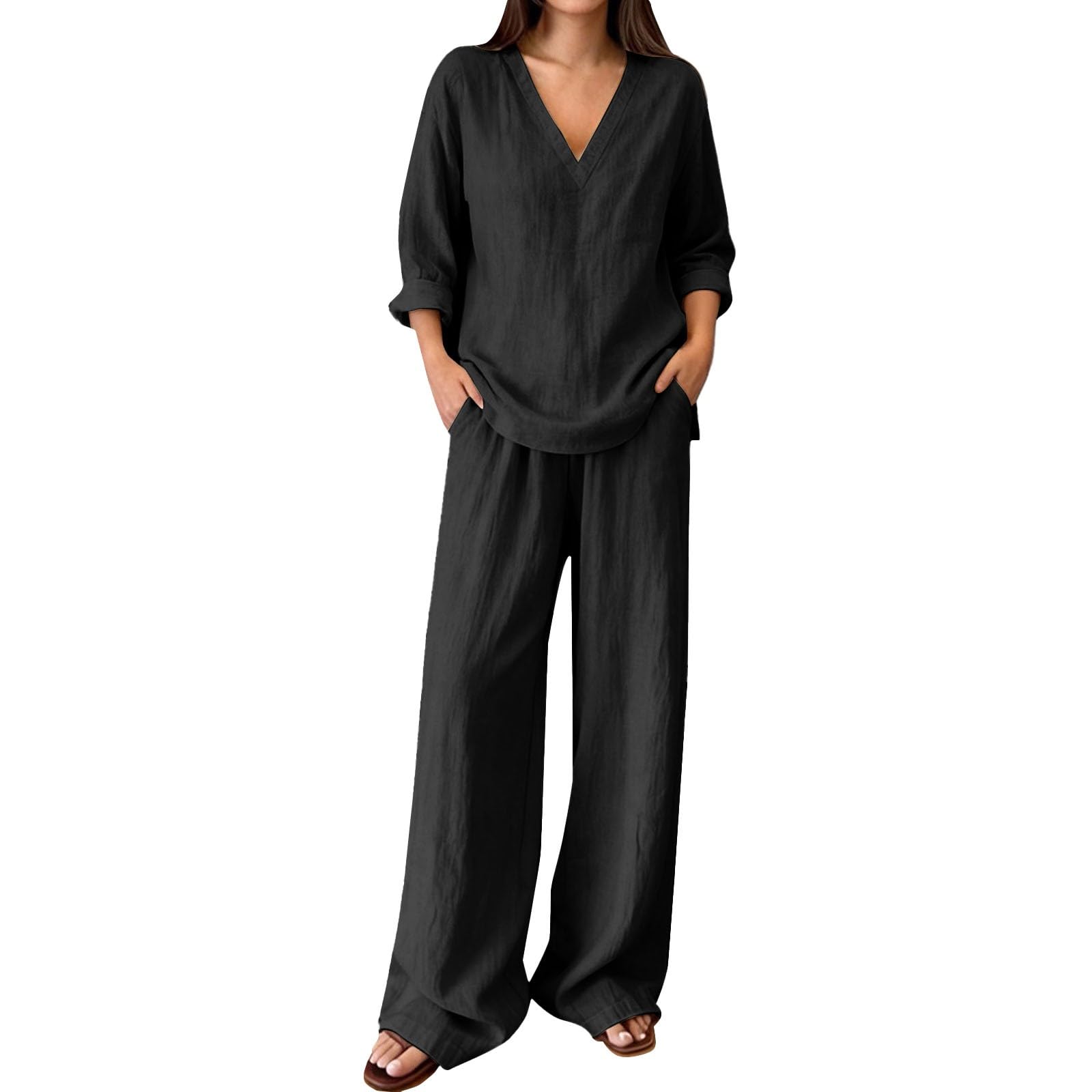 Zweiteiliges Set Damen Elegant - Sommer Leinenanzug Langarm V-Ausschnitt