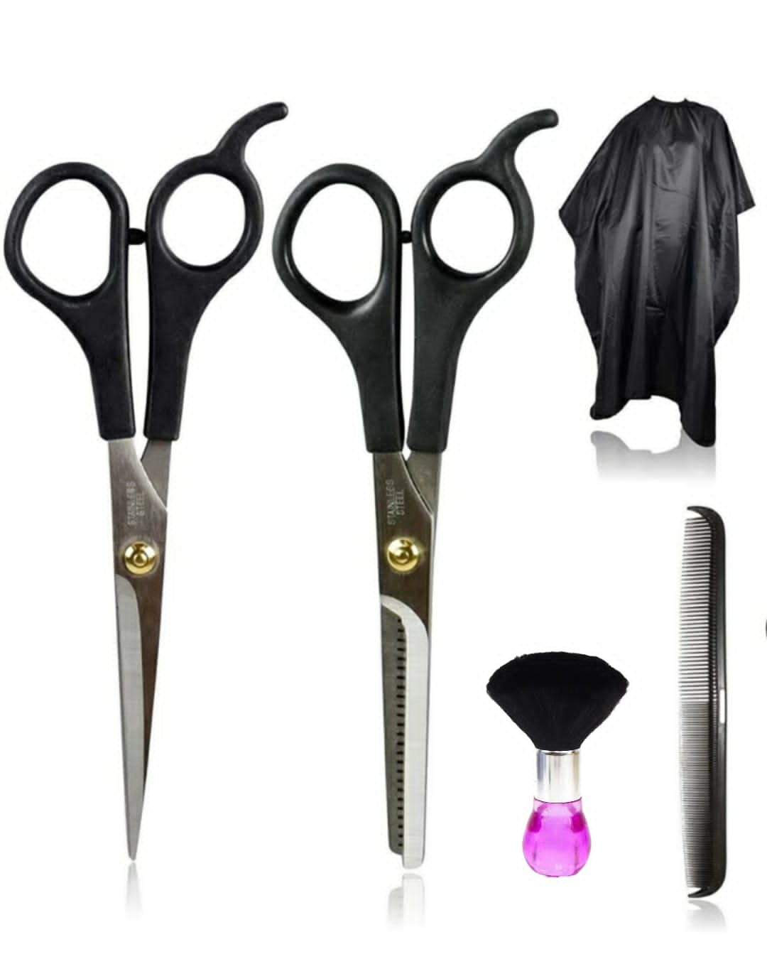 Hair Cutting sheets apron and plastics scissor and zigzag scissor dusting brush and hair com set of 5-image-10