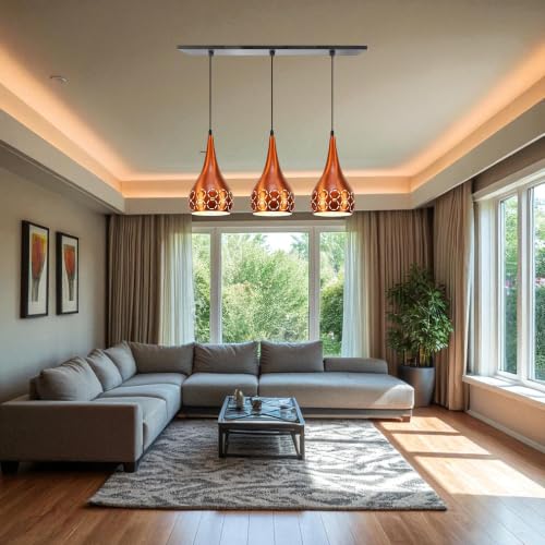 Image of 3 Light Hanging Light for Home Orange Aluminium Pendant Light with E27 Holder Designer Ceiling Hanging Lamp for Bulb Not Included, Linear Set