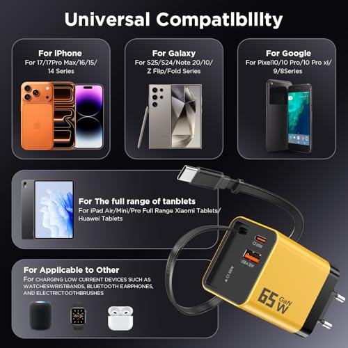 GaN Chargeur USB C 65 W, chargeur rapide à 3 ports, compatible avec MacBook Pro/Air/Neo, câble USB C intégré, chargeur rapide PPS & PD – vue 6
