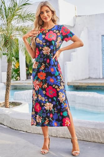 Image of Naggoo Summer Dresses for Women Short Sleeve Side Slit Long T Shirt Dress Beach Sundress Travel Vacation Outfits with Pockets