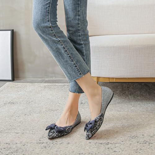 HIPPOSEUS Women's Satin Bow-Knot Flat Shoes Pointed Toe Ballet Flats Sequins Dressy Shoes3