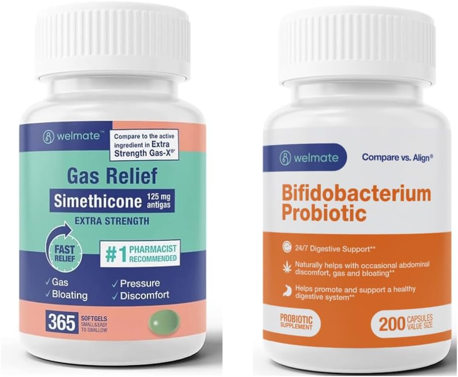 WELMATE Comprehensive Gut Health Bundle: Extra Strength Gas Relief Simethicone 125mg (365 Softgels) + Bifidobacterium Probiotic for Digestive & Immune Support (200 Count) | Fast-Acting, Gluten-Free