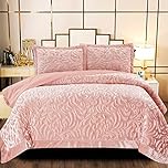 B&B Luxury Velvet Quilted Bedspread King Size Bedding Set 3 Piece with Matching Shams - Super Soft Warm Quilt Blanket for Bedroom Decor for Teen Girls - Pink