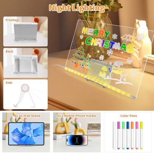 11.8"X7.9" LED Note Board with Colors, 7 Colors Acrylic Message Board with Light, LED Drawing Board Gifts for Kids, Dry Erase Board with Adjustable Stand for Office School Home Decor