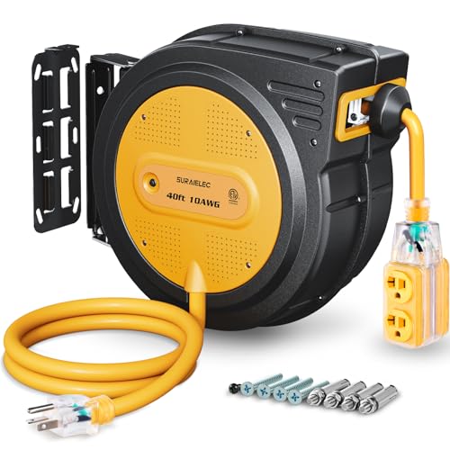 SURAIELEC 10 AWG Retractable Extension Cord Reel, 40 Ft Heavy Duty SJTOW Power Cord, 20A Breaker Protected, 4 Lighted Grounded Outlets, Wall or Ceiling Mount, ETL Listed