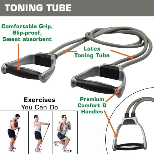 Image of D-fix Double Toning Resistance Tube Heavy Quality Pull Rope Elastic Rubber Exercise Band for Stretching, Workout, Home Gym with Grip D Shaped Handles for Men and Women with Workout (Grey)