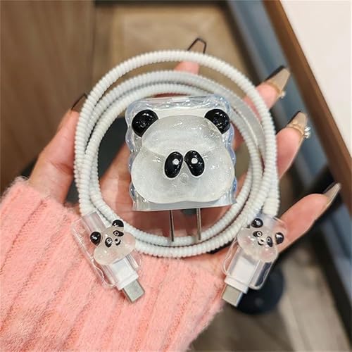 Image of Dezet for iPhone Charger 18-20W Cute Cartoon Charging Cable Protector Set for iPhone Fast Charging USB Cable with Protective Silicone Cover & Organizer Clip Stylish Design (Panda-Transparent)