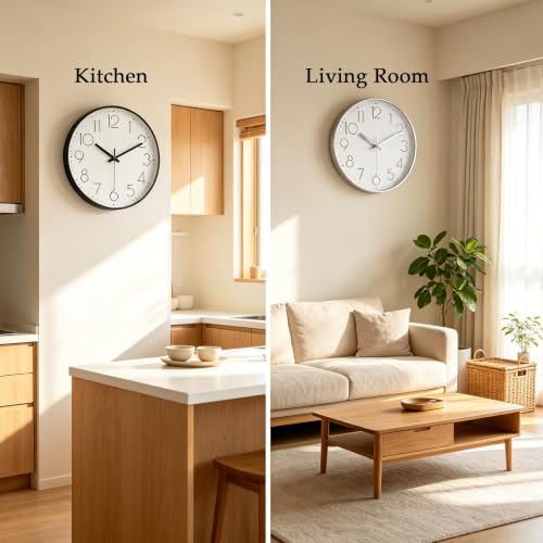 Image of 2 Pack Black&Silver Wall Clock 12 inch Silent Wall Clocks Battery Operated | Office Kitchen Living Room Bedroom