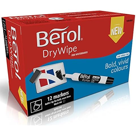 Berol Dry Wipe Whiteboard Marker Pens | Bullet Tip | Black Ink | 12 Count Cover